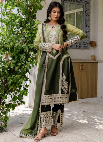 Coding Embroidery Work Georgette Parrot Green Pakistani Salwar Suit